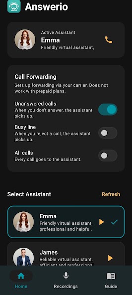 Home screen with assistant selection and forwarding options
