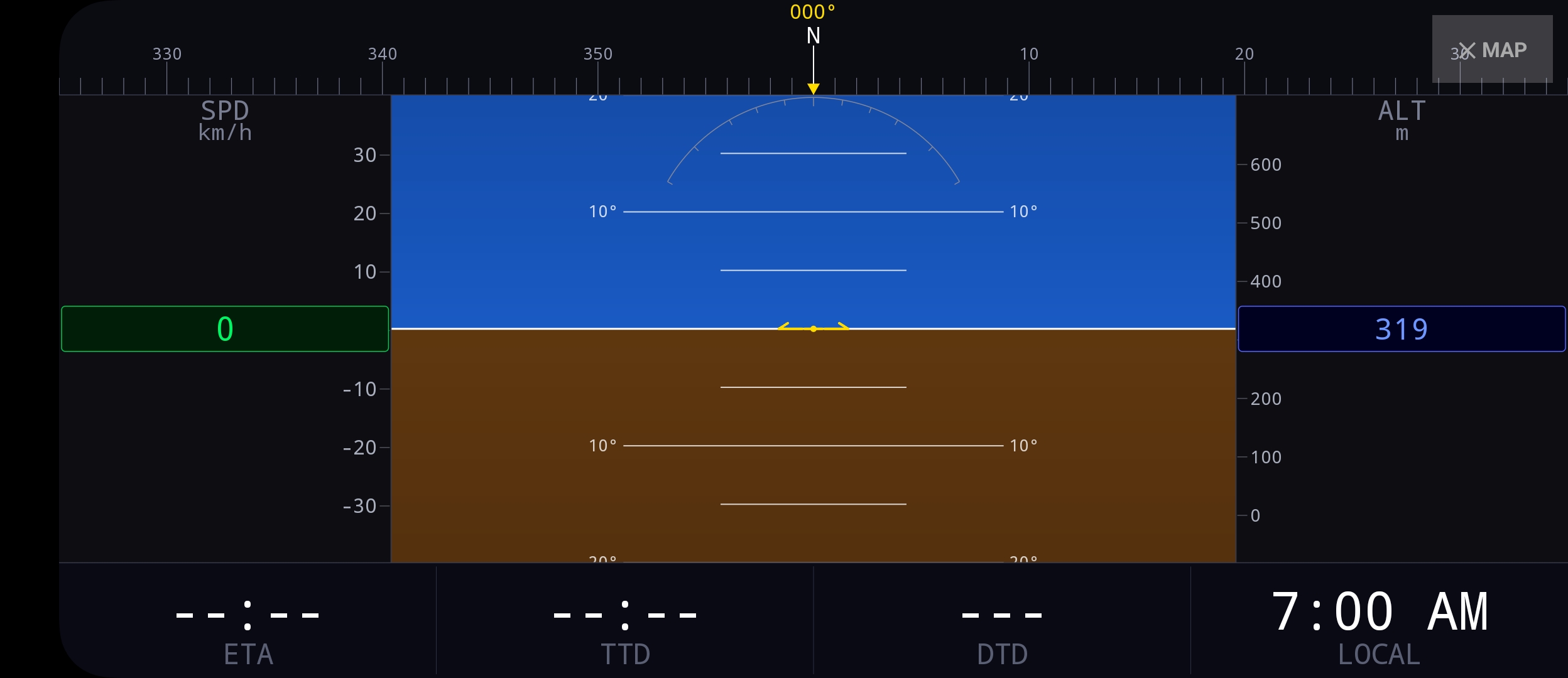 Cockpit view with artificial horizon, speed, altitude, heading, ETA