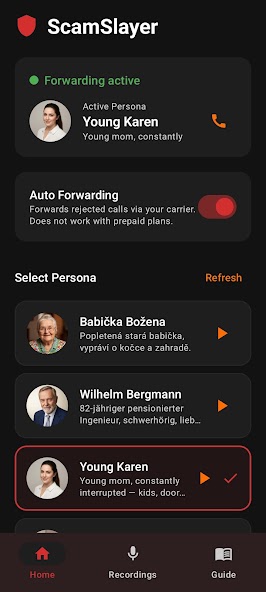 Home screen with persona selection and forwarding